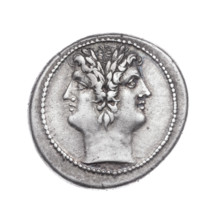 Didrachma (quadrigate). Obverse: Heads of the Dioscuri of the Janus type in laurel wreaths; beaded