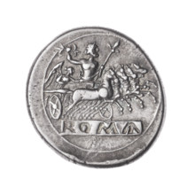 Didrachma (quadrigate). Obverse: Heads of the Dioscuri of the Janus type in laurel wreaths. Beaded