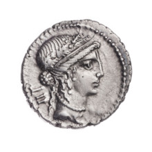 Denarius, Julius Caesar (100–44 BC; Roman dictator 49–44 BC). Obverse: Woman's head in an oak