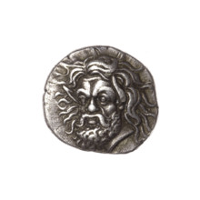Tetrobol, Pantikapaion; obverse: head of bearded Satyr three-quarters left; reverse: bull's head