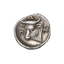 tetrobol, Pantikapaion; obverse: head of bearded Satyr three-quarter left; reverse: bull's head