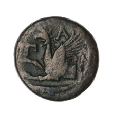 bronze coin, Pantikapaion; obv.: head of a bearded Satyr without a wreath to the right; rev.: