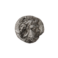 Triobol, Pantikapaion; obverse: head of beardless Satyr to right; reverse: lion with raised forepaw