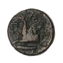 bronze coin, Pantikapaion, protoma of a griffin (iconographic), head of a Satyr (iconographic),
