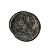 bronze coin, Pantikapaion; obverse: head of a bearded Satyr without a wreath to the right; reverse: