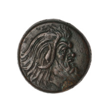 Bronze coin from Pantikapaion (Cimmerian Bosporus), 330–315 BC. Obverse: head of a bearded Satyr