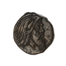 bronze coin, Pantikapaion; protoma of a griffin (iconographic); head of a Satyr (iconographic);