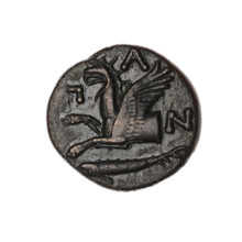 bronze coin, Pantikapaion; obverse: head of a bearded Satyr without a wreath to the right; reverse: