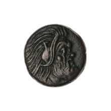 bronze coin, Pantikapaion; obv.: head of a bearded Satyr without a wreath to the right; rev.: