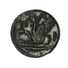 Bronze coin, Pantikapaion; protoma of a griffin (iconographic); head of a Satyr (iconographic);