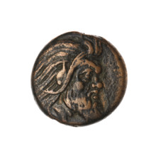bronze coin, Pantikapaion; obverse: head of a bearded Satyr without a wreath facing right; reverse: