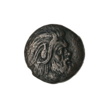 Bronze coin, Pantikapaion; obverse: head of bearded Satyr without wreath facing right; reverse: