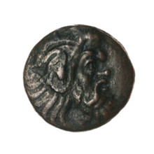 Bronze coin, Pantikapaion; protoma of a griffin (iconographic); head of a Satyr (iconographic);