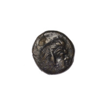 bronze coin, Pantikapaion; obverse: head of a beardless Satyr facing right; reverse: bull's head