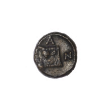 bronze coin, Pantikapaion; obverse: head of a beardless satyr to the right; reverse: bull's head to