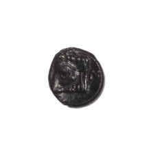 Bronze coin, Pantikapaion; obverse: head of beardless Satyr to the right; reverse: bull's head to