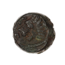 Bronze coin, Pantikapaion; obv.: head of a beardless Satyr in an ivy wreath facing left; rev.: