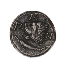 bronze coin, Pantikapaion; Satyr's head (iconographic), lion's head (iconographic); Black Sea