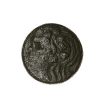 Bronze coin, Pantikapaion; obverse: head of a beardless Satyr in an ivy wreath facing left;