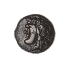 bronze coin, Pantikapaion; obverse: head of a beardless Satyr in an ivy wreath to the left;