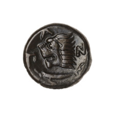 Bronze coin, Pantikapaion; obverse: head of a beardless satyr in an ivy wreath facing left;