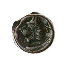 Bronze coin, Pantikapaion, obverse: head of a beardless satyr in an ivy wreath facing left;
