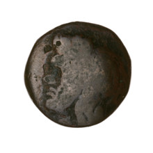 Bronze coin, Pantikapaion; obv.: head of a beardless Satyr in an ivy wreath facing left; rev.: lion
