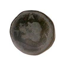 Bronze coin, Pantikapaion; obverse: head of a beardless satyr in an ivy wreath facing left;