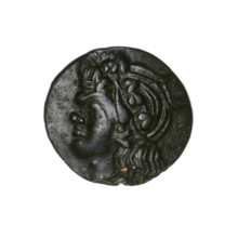 Bronze coin, Pantikapaion; obverse: head of a beardless Satyr in an ivy wreath facing left;