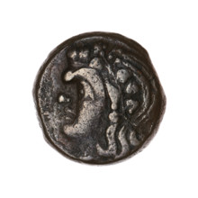 Bronze coin, Pantikapaion; obv.: head of a beardless satyr in an ivy wreath facing left; rev.: lion