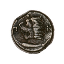 Bronze coin, Pantikapaion; obverse: head of a beardless satyr in an ivy wreath facing left;