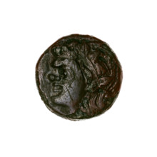 bronze coin, Pantikapaion; obverse: head of a beardless Satyr in an ivy wreath facing left;