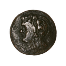Bronze coin, Pantikapaion; obverse: head of a beardless satyr in an ivy wreath facing left;