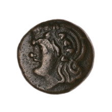 Bronze coin, Pantikapaion; obverse: head of a beardless Satyr in an ivy wreath facing left;