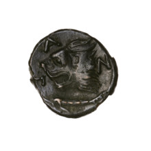 bronze coin, Pantikapaion; obverse: head of a beardless Satyr in an ivy wreath facing left;