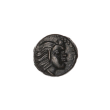 bronze coin, Pantikapaion, bow in quiver (iconographic), head of Satyr (iconographic), quivers