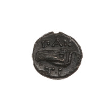 bronze coin, Pantikapaion, bow in quiver (iconographic), head of Satyr (iconographic), quivers