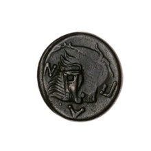 bronze coin, Pantikapaion; obverse: head of a beardless Satyr in an ivy wreath facing left, with a