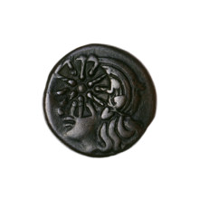 bronze coin, Pantikapaion; obverse: head of a beardless Satyr in an ivy wreath facing left with a