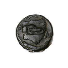 Bronze coin, Pantikapaion; obverse: head of a beardless Satyr in an ivy wreath facing left, with a