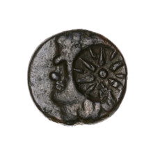 Bronze coin, Pantikapaion; obverse: head of a beardless satyr in an ivy wreath facing left, with a