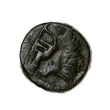 Bronze coin, Pantikapaion; obverse: head of a beardless Satyr in an ivy wreath facing left, with a