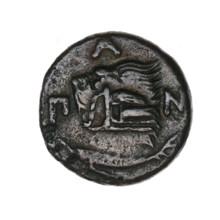 Bronze coin, Pantikapaion; obverse: head of a beardless Satyr in an ivy wreath facing left, with a