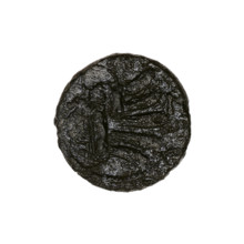 Bronze coin, Pantikapaion; obverse: head of a beardless Satyr in an ivy wreath facing left with a