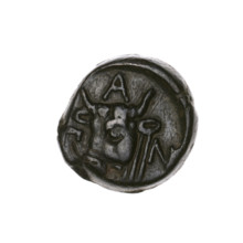 Bronze coin, Pantikapaion; obverse: head of bearded Satyr to the left; reverse: bull's head to the