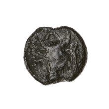 Bronze coin, Pantikapaion; obverse: head of a bearded Satyr to the left; reverse: bull's head to