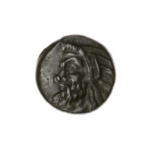 bronze coin, Pantikapaion; obverse: head of bearded Satyr to the left; reverse: bull's head to the