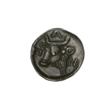 Bronze coin, Pantikapaion; obverse: head of a bearded Satyr facing left; reverse: bull's head