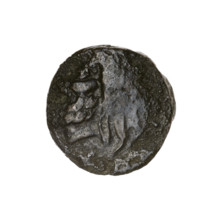 Bronze coin, Pantikapaion; obverse: head of bearded Satyr facing left; reverse: bull's head facing