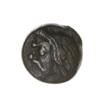 Bronze coin from Pantikapaion, beginning of the 3rd century BC. Obverse: head of bearded Satyr to